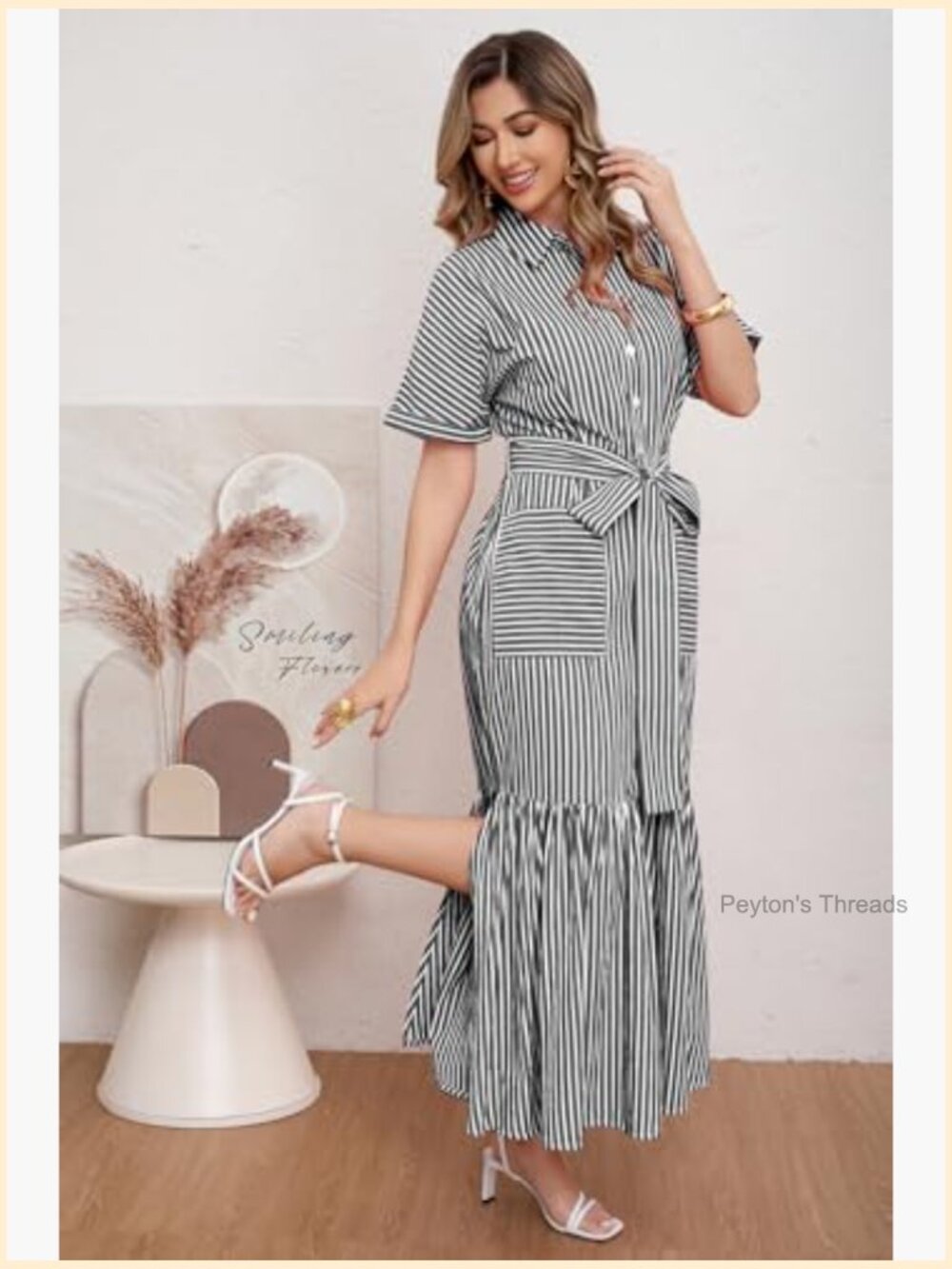 Striped Button Down Maxi Dress with Belt Pockets Short Sleeve A-Line Cotton - Picture 4 of 7